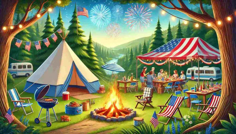 A scenic campground set up for a 4th of July celebration, featuring tents, a campfire with people gathered around, a barbecue grill, and festive decorations like American flags and string lights. Lush green trees and a clear blue sky serve as the backdrop, with fireworks starting to light up the evening sky.