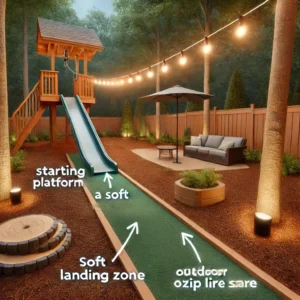 A backyard zip line scene with enhancements. The image shows a starting platform, a soft landing zone made of mulch, and outdoor lighting around the zip line area. The enhancements are highlighted to show how they improve the zip line experience.