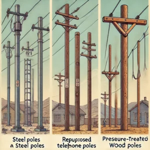 A detailed scene showing three types of support poles for a zip line: steel poles, repurposed telephone poles, and pressure-treated wood poles. Each type of pole is labeled and displayed in a backyard setting, highlighting their differences in strength, appearance, and installation.