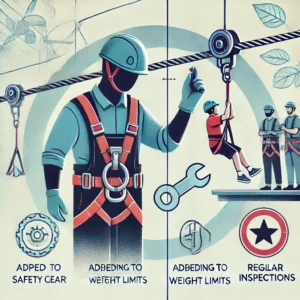 A safety-focused scene showing a person wearing a helmet, harness, and gloves while inspecting a zip line. The image highlights the importance of safety gear, adhering to weight limits, and regular inspections. Another person is shown supervising children as they use the zip line.