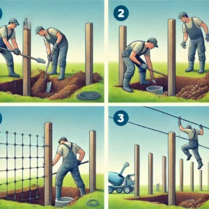 A step-by-step scene showing the installation of support poles for a zip line. The first step shows holes being dug 3-4 feet deep. The second step shows poles being placed and leveled in the holes. The third step shows concrete being poured into the holes. The final step shows guy wires being attached for additional stability.