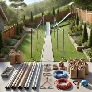 A well-planned backyard with a gentle slope, showcasing a suitable location for a zip line. Various materials are laid out, including sturdy steel poles, a zip line kit, concrete bags, and safety gear like helmets and harnesses. The area is clear, with enough space and proper clearance.