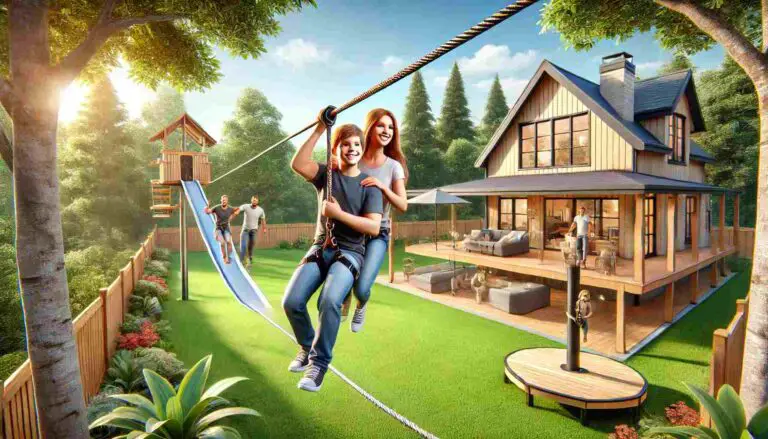 A backyard with a professionally installed zipline, featuring a happy family enjoying a ride. The background includes trees, a green lawn, and a clear sky, showcasing the excitement of ziplining at home.