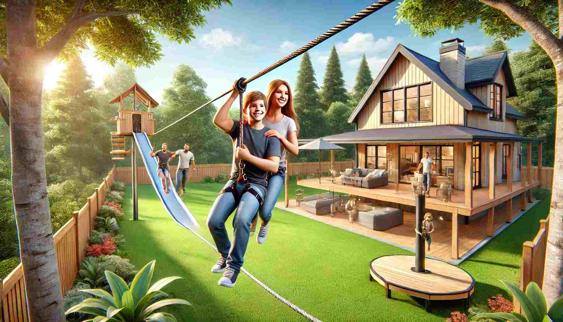 A backyard with a professionally installed zipline, featuring a happy family enjoying a ride. The background includes trees, a green lawn, and a clear sky, showcasing the excitement of ziplining at home.