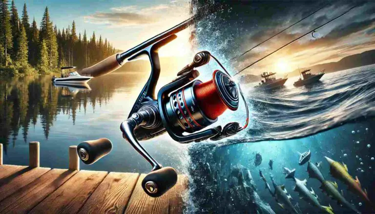 A split image showcasing a baitcaster reel on the left and a spinning reel on the right. The baitcaster reel is mounted on a rod, with a scenic lake in the background, capturing a moment of precision casting. The spinning reel is also mounted on a rod, with an ocean backdrop, highlighting its versatility in saltwater fishing. Both reels are depicted in action, with vibrant colors and high detail, creating a visually appealing contrast between the two.