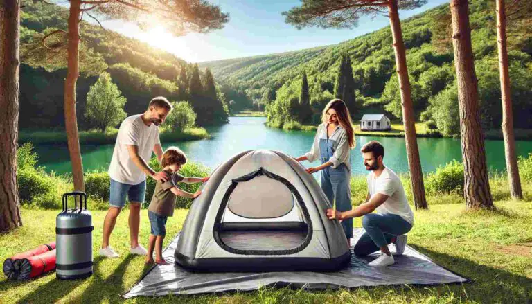 A family of four setting up a modern, spacious 4-person inflatable tent in a picturesque campsite surrounded by lush greenery and a serene lake in the background. The tent is partially inflated with visible air beams, and the family is smiling and enjoying the process. The scene is bright and cheerful, reflecting a perfect camping day.