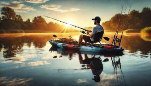 Fisherman sitting comfortably in a modern pedal kayak on a calm lake during sunrise, equipped with fishing rods and gear, casting a line into the water with reflections of the sky and trees in the water