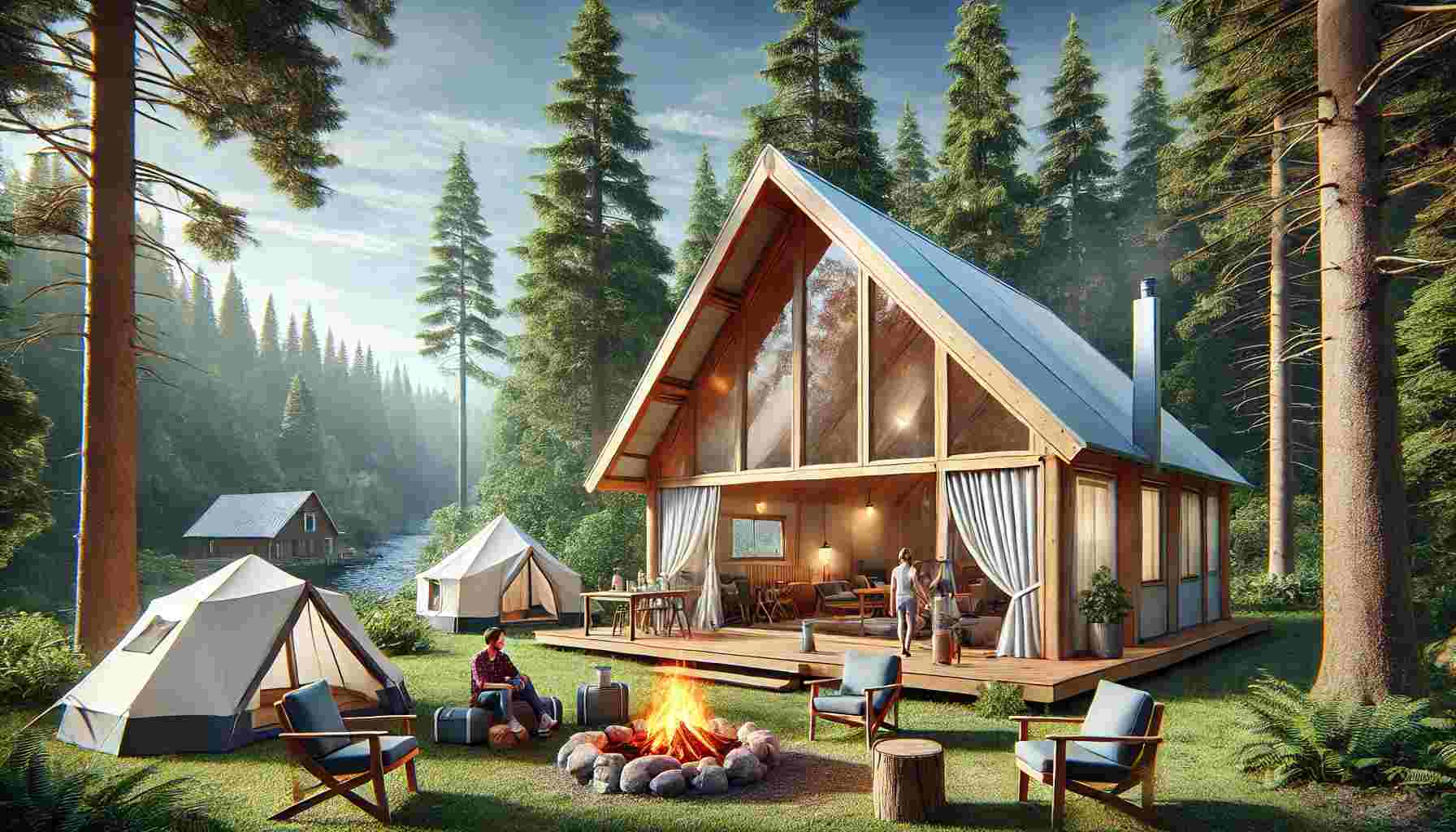 A spacious cabin tent set up in a picturesque forest campsite, with lush green trees and a clear blue sky in the background. The tent has vertical walls, large windows, and a high ceiling. In front of the tent, a family is gathered around a campfire, with camping chairs and gear scattered around, creating a cozy and inviting atmosphere.