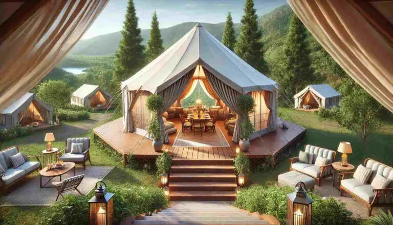 A beautiful glamping tent setup in a scenic outdoor location, featuring a spacious and luxurious tent with an inviting interior visible through the open entrance. The tent is surrounded by green trees and a clear blue sky, with comfortable seating and decorative elements creating a cozy and welcoming atmosphere, blending nature and comfort perfectly.