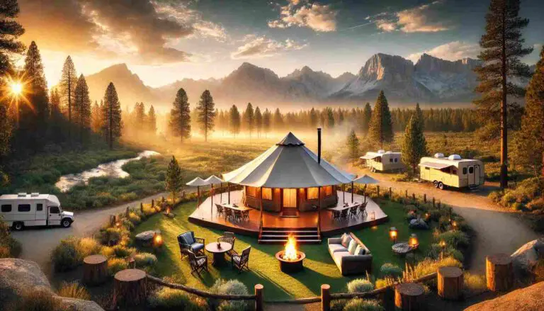 Luxurious glamping site in California featuring a large safari-style tent with elegant furnishings, set amidst a picturesque natural landscape with tall trees and mountains in the background. A cozy fire pit with seating and a golden sunset enhance the serene atmosphere.