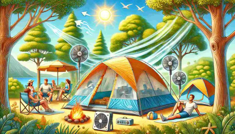 A vibrant outdoor camping scene in hot weather with a tent featuring large mesh panels for ventilation, a reflective flysheet, and breathable fabric. The tent is surrounded by trees providing natural shade. Campers are enjoying the cool breeze with portable fans and light clothing under a clear, sunny sky