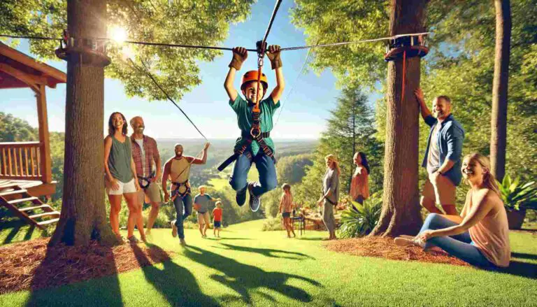 A family enjoying a backyard zip line adventure, with a child wearing a helmet and harness gliding along the zip line between two sturdy trees. The background features a lush green lawn, a clear blue sky, and other family members smiling and watching. The image is vibrant and captures the excitement and safety of zip lining.