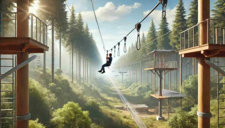 An image of a commercial zip line set up in a lush forest adventure park, featuring a rider gliding smoothly across the cable while wearing a helmet and safety harness. The background includes tall trees, a clear blue sky, and a distant platform where the zip line starts, capturing the thrill and excitement of zip lining.