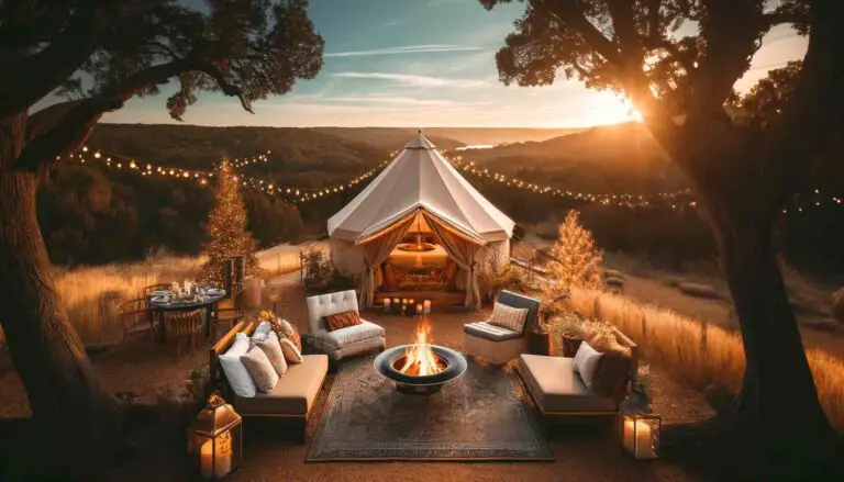 A picturesque glamping site in Texas featuring a luxurious tent with plush bedding and stylish decor, nestled in a beautiful natural landscape with rolling hills, tall trees, and a clear blue sky. A cozy campfire with seating and fairy lights adds a magical touch, creating an inviting and serene atmosphere perfect for a relaxing getaway.