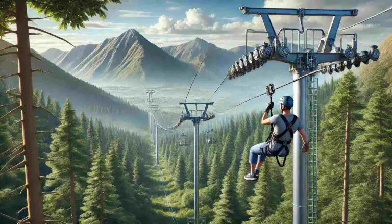 A scenic photo-realistic image of a commercial zip line in a mountainous setting, featuring sturdy towers, stainless steel cables, and a rider wearing a helmet and safety harness gliding through lush green trees. Majestic mountains and a clear blue sky form the picturesque backdrop, conveying adventure and safety