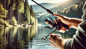 A close-up of a hand gripping a baitcasting rod and reel, with a picturesque lake and forest in the background. The angler is mid-cast, with the fishing line and lure in motion towards the water. The scene is bright and clear, depicting a serene outdoor fishing setting.