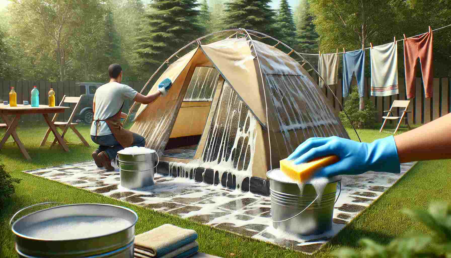 A person cleaning a tent in their backyard using a sponge and a bucket of soapy water. The tent is set up on a clean, flat surface with trees, grass, and outdoor equipment in the background. Towels are nearby for drying. The image captures the detailed process of tent cleaning, highlighting the care and attention given to maintaining camping gear.