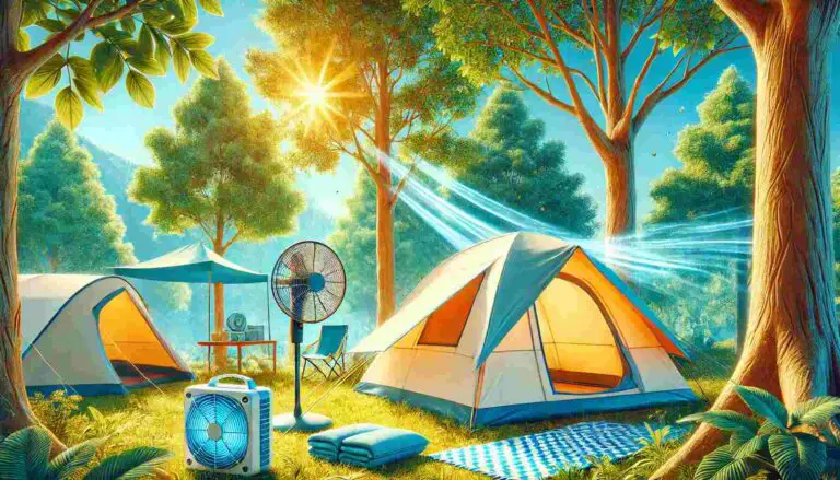 A vibrant summer camping scene with a light-colored tent set up under the shade of tall trees. The tent has open windows and a reflective tarp, with a portable fan and cooling towels nearby, creating a cool and comfortable atmosphere. Sunlight filters through the leaves, enhancing the inviting and serene outdoor setting.