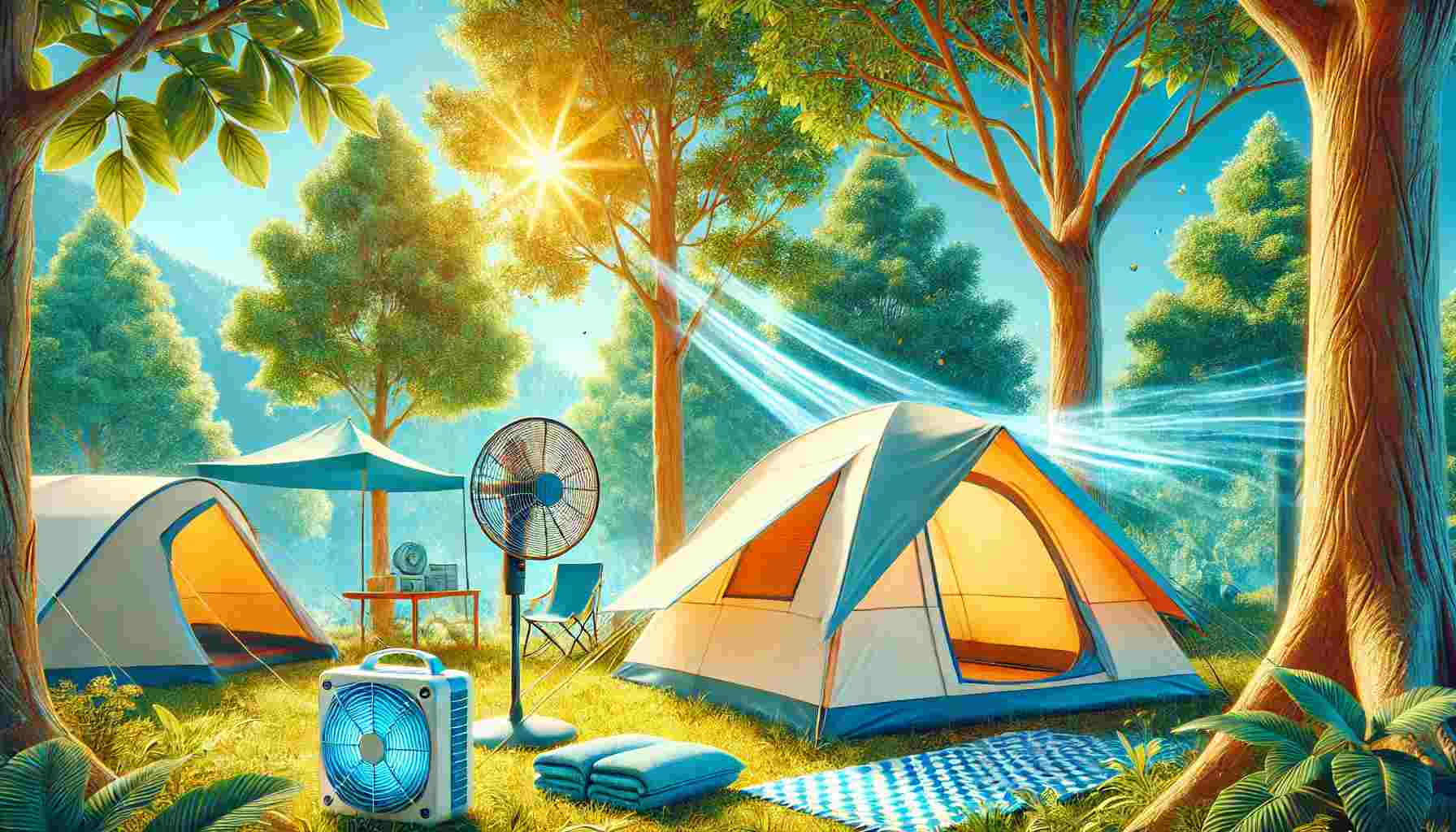 A vibrant summer camping scene with a light-colored tent set up under the shade of tall trees. The tent has open windows and a reflective tarp, with a portable fan and cooling towels nearby, creating a cool and comfortable atmosphere. Sunlight filters through the leaves, enhancing the inviting and serene outdoor setting.