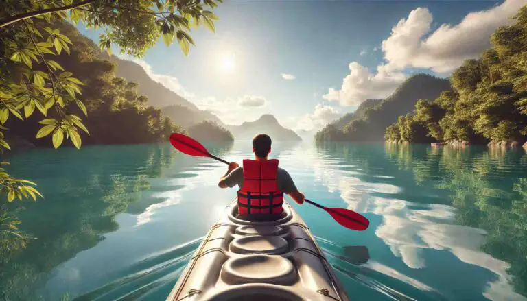 A person kayaking on a serene lake with clear blue water, surrounded by lush greenery and distant mountains. The kayaker is wearing a bright red life jacket and paddling a sleek kayak under a clear sky with a few fluffy clouds, with the sun shining brightly.