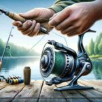 An angler carefully spooling a baitcasting reel by a serene lakeside. The angler threads fishing line through the rod guides and onto the spool, with a calm lake, lush greenery, and a clear sky in the background, creating a peaceful and engaging scene.