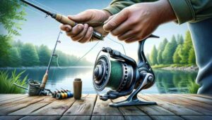 An angler carefully spooling a baitcasting reel by a serene lakeside. The angler threads fishing line through the rod guides and onto the spool, with a calm lake, lush greenery, and a clear sky in the background, creating a peaceful and engaging scene.