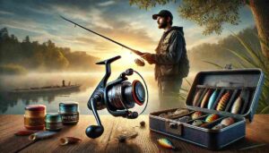 Angler standing by a serene lake at sunrise, casting a baitcaster reel with a focused expression, surrounded by fishing gear including a tackle box, lures, and a fishing net, with mist rising from the water in the background.