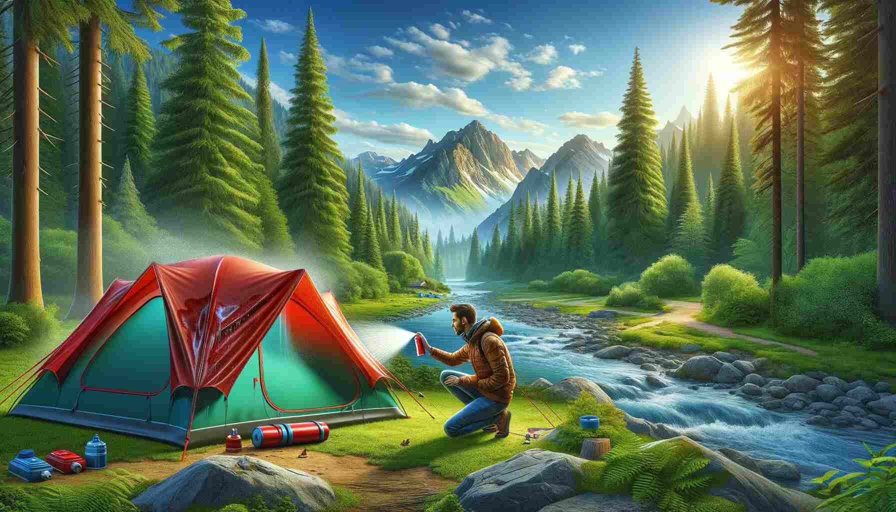 A camper waterproofing a pitched tent in a scenic forest setting, using a waterproofing spray. The vibrant scene includes lush green trees, a clear blue sky, a stream, and mountains in the background. The tent is bright red, standing out against the natural surroundings.