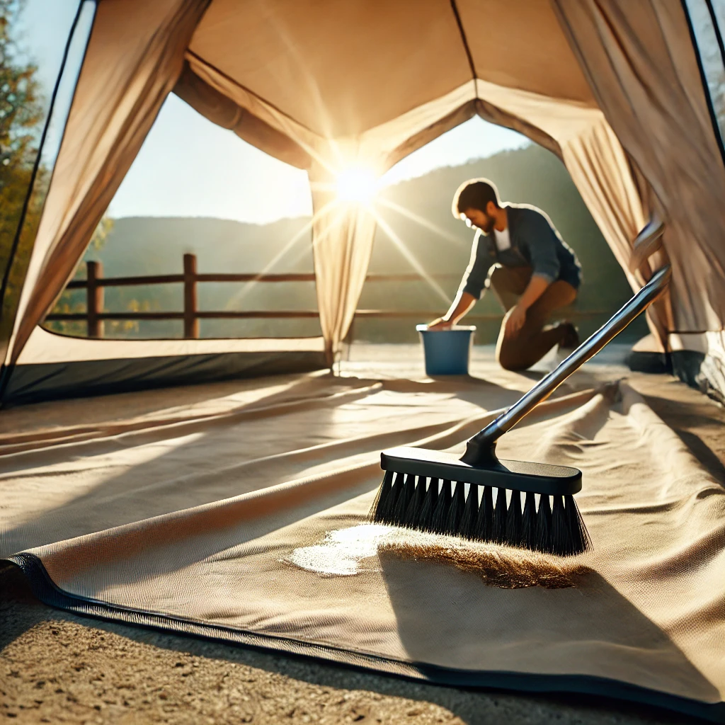 A person cleaning and drying a pop-up tent using a soft brush to remove dirt and debris. The tent is set up in an outdoor area, with sunlight ensuring the tent fabric is completely dry.