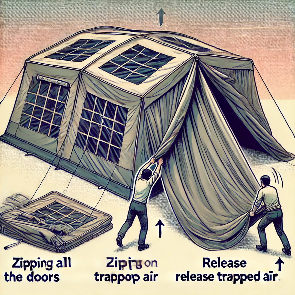 A person unzipping all the doors and windows of a pop-up tent to release trapped air, then pressing down on the tent’s peak to collapse it. The tent is in an outdoor setting and is beginning to lay flat on the ground.