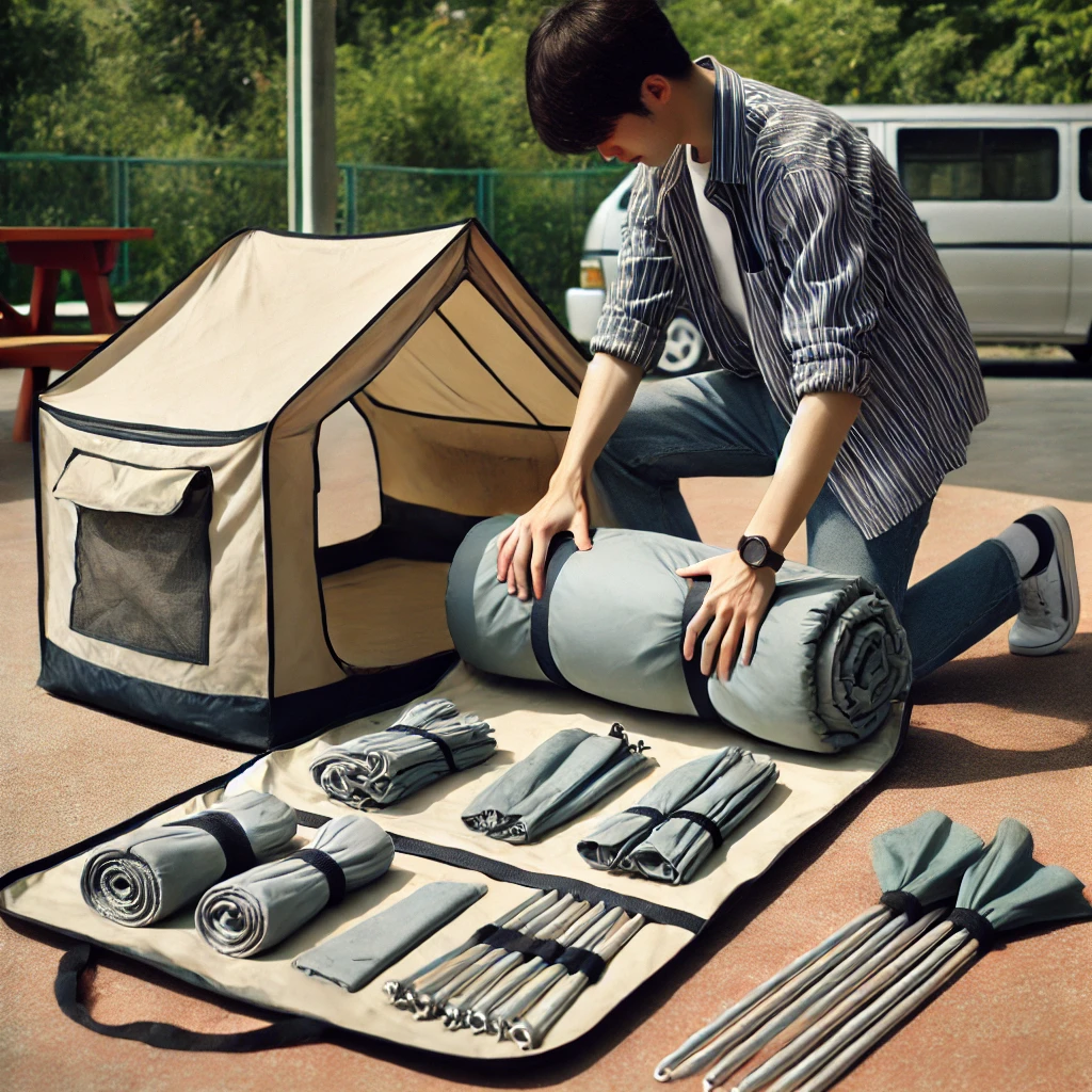 A person placing a folded pop-up tent into its storage bag. The bag is open, and the tent is being carefully inserted. The setting is an outdoor area, and the bag includes stakes and guylines