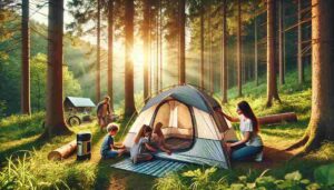 A family camping in a lush, green forest during summer, setting up a high-quality insulated tent with mesh windows for ventilation. The sun shines through the trees, creating a warm and inviting atmosphere. The family is happy and engaged, surrounded by camping gear, with children playing nearby and a small campfire in the background.