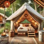 A luxurious glamping site featuring a spacious safari tent with a cozy interior. The tent is surrounded by lush greenery and includes a comfortable bed with plush bedding, a small kitchenette, and stylish decor, perfectly blending rustic charm with modern comfort.