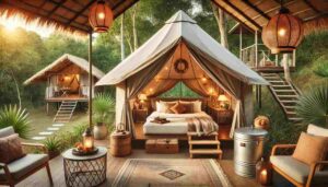A luxurious glamping site featuring a spacious safari tent with a cozy interior. The tent is surrounded by lush greenery and includes a comfortable bed with plush bedding, a small kitchenette, and stylish decor, perfectly blending rustic charm with modern comfort.