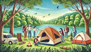 A group of campers setting up a dome tent in a picturesque outdoor setting with lush green trees, a clear blue sky, and a serene lake in the background. The campers are smiling and working together, surrounded by camping gear including backpacks and a campfire, showcasing the ease of setting up the dome tent and the joy of outdoor adventure.