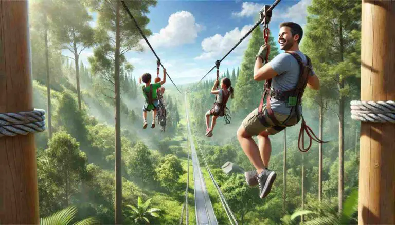 A family enjoying a zip line ride in a lush, green outdoor setting. The image shows a father and two children happily riding a zip line over a forested area with clear blue skies. The zip line is well-constructed, with visible safety harnesses and a sturdy cable. Tall trees and a bright, sunny day in the background capture the excitement and fun of zip lining in nature.