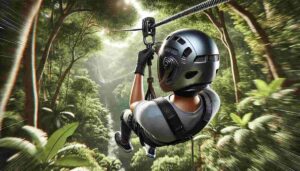 A person zip lining through a lush forest, wearing a sleek, modern zip line helmet with ventilation and adjustable straps. The image captures the thrill of the ride with vibrant greenery in the background.