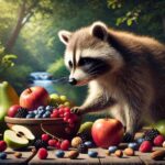 An image of a raccoon in a natural setting, foraging for food. The raccoon is examining fruits and vegetables, with apples, berries, and nuts scattered around. The background shows a lush forest with a hint of water, illustrating the raccoon's diverse diet