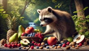 An image of a raccoon in a natural setting, foraging for food. The raccoon is examining fruits and vegetables, with apples, berries, and nuts scattered around. The background shows a lush forest with a hint of water, illustrating the raccoon's diverse diet