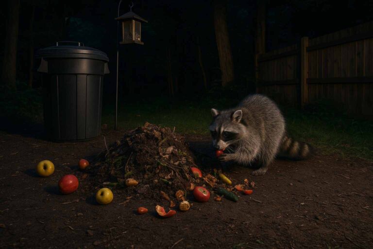 Raccoon eating near a compost pile at night with fruits, trash, and a bird feeder in the scene.