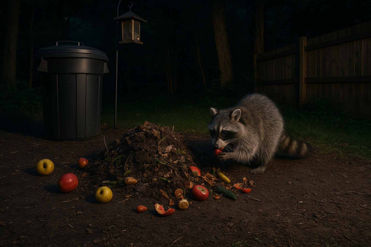 Raccoon eating near a compost pile at night with fruits, trash, and a bird feeder in the scene.