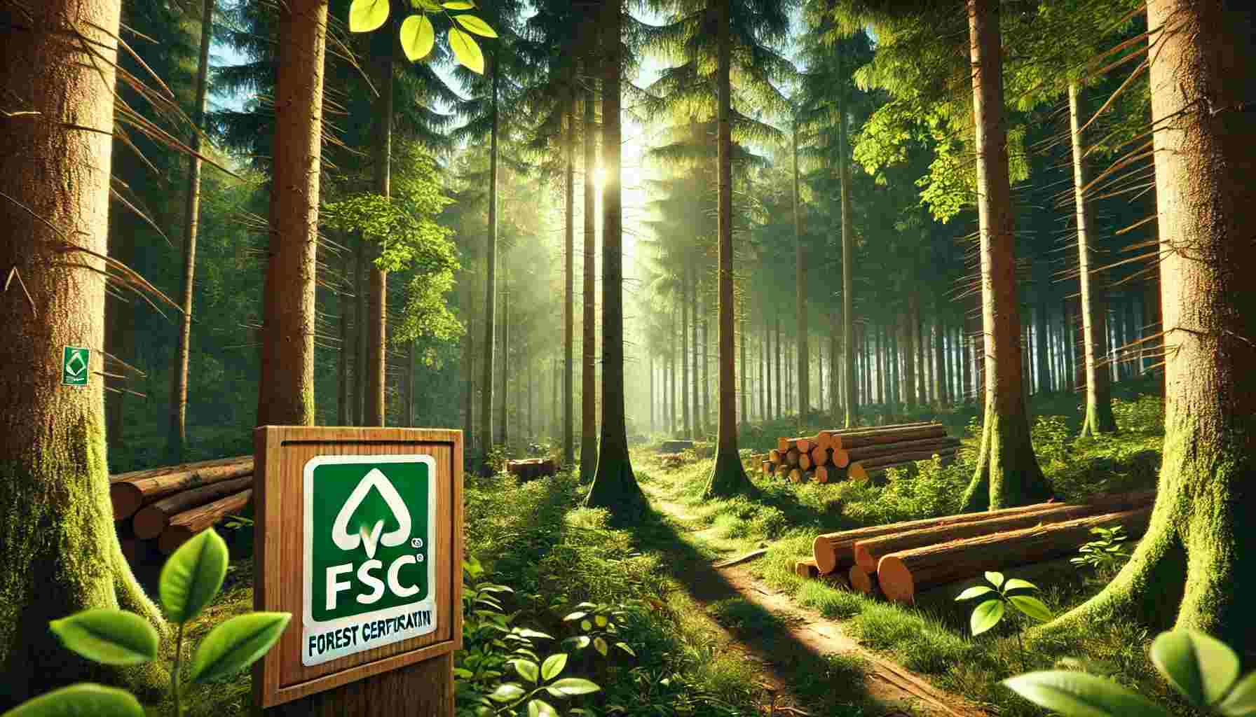 A dense, vibrant forest showing sustainable wood harvesting practices. Healthy trees stand tall, with a few marked for selective harvesting. A small eco-friendly logging site is visible in the distance, illuminated by sunlight filtering through the canopy. A wooden sign featuring a forest certification label (FSC) highlights the sustainable forestry efforts.