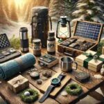 Photo display of popular outdoor Christmas gifts for 2024, including a portable solar charger, GPS watch, insulated travel mug, camping cookware, and outdoor blanket, arranged on a rustic table with winter decorations, pine branches, and a snowy, festive touch.