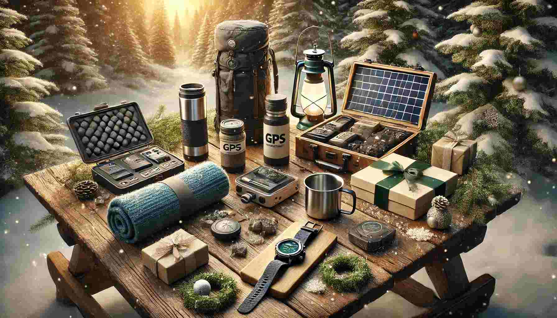 Photo display of popular outdoor Christmas gifts for 2024, including a portable solar charger, GPS watch, insulated travel mug, camping cookware, and outdoor blanket, arranged on a rustic table with winter decorations, pine branches, and a snowy, festive touch.