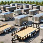 A variety of utility trailers parked on a sunny lot, showcasing different sizes and designs, including open flatbeds, enclosed trailers, and side-railed trailers. The scene features a clear blue sky and a natural background, emphasizing the trailers' versatility and outdoor use.