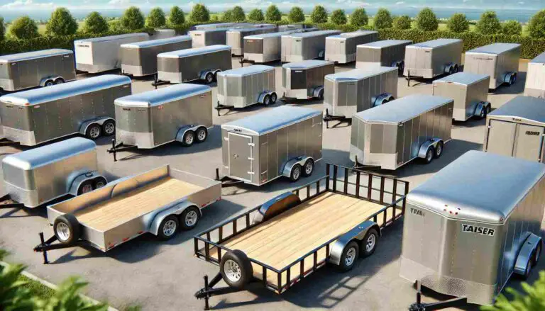 A variety of utility trailers parked on a sunny lot, showcasing different sizes and designs, including open flatbeds, enclosed trailers, and side-railed trailers. The scene features a clear blue sky and a natural background, emphasizing the trailers' versatility and outdoor use.