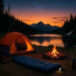 Outdoor camping scene with essential gear including tent, sleeping bag, fishing rod, telescope, and campfire by a lake at sunset with mountain views.