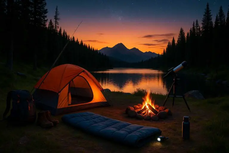 Outdoor camping scene with essential gear including tent, sleeping bag, fishing rod, telescope, and campfire by a lake at sunset with mountain views.