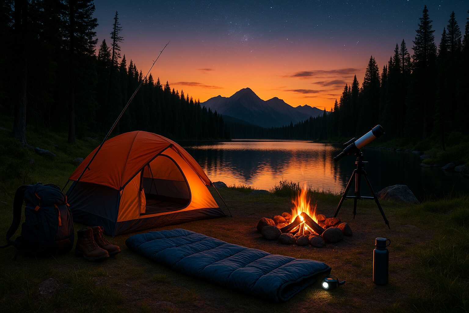 Outdoor camping scene with essential gear including tent, sleeping bag, fishing rod, telescope, and campfire by a lake at sunset with mountain views.