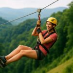 A smiling woman ziplining through a lush green forest, wearing a yellow helmet, red shirt, and harness, with scenic hills and trees in the background.